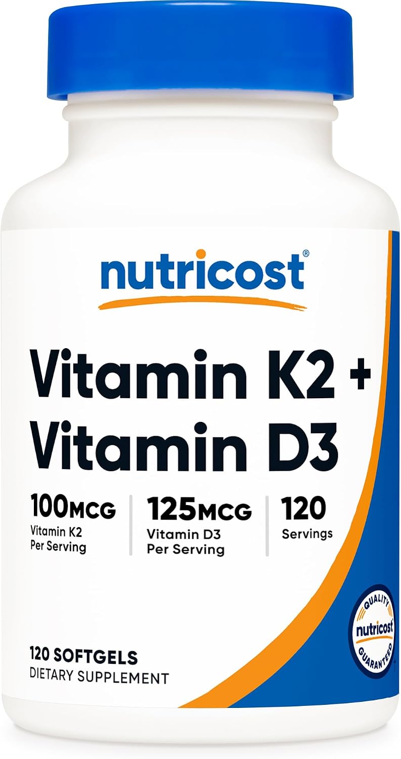 Nutricost Vitamin D3 + K2 (5000 IU D3 / 100mcg MK7) 120 Softgels, GMO-Free | Gluten-Free