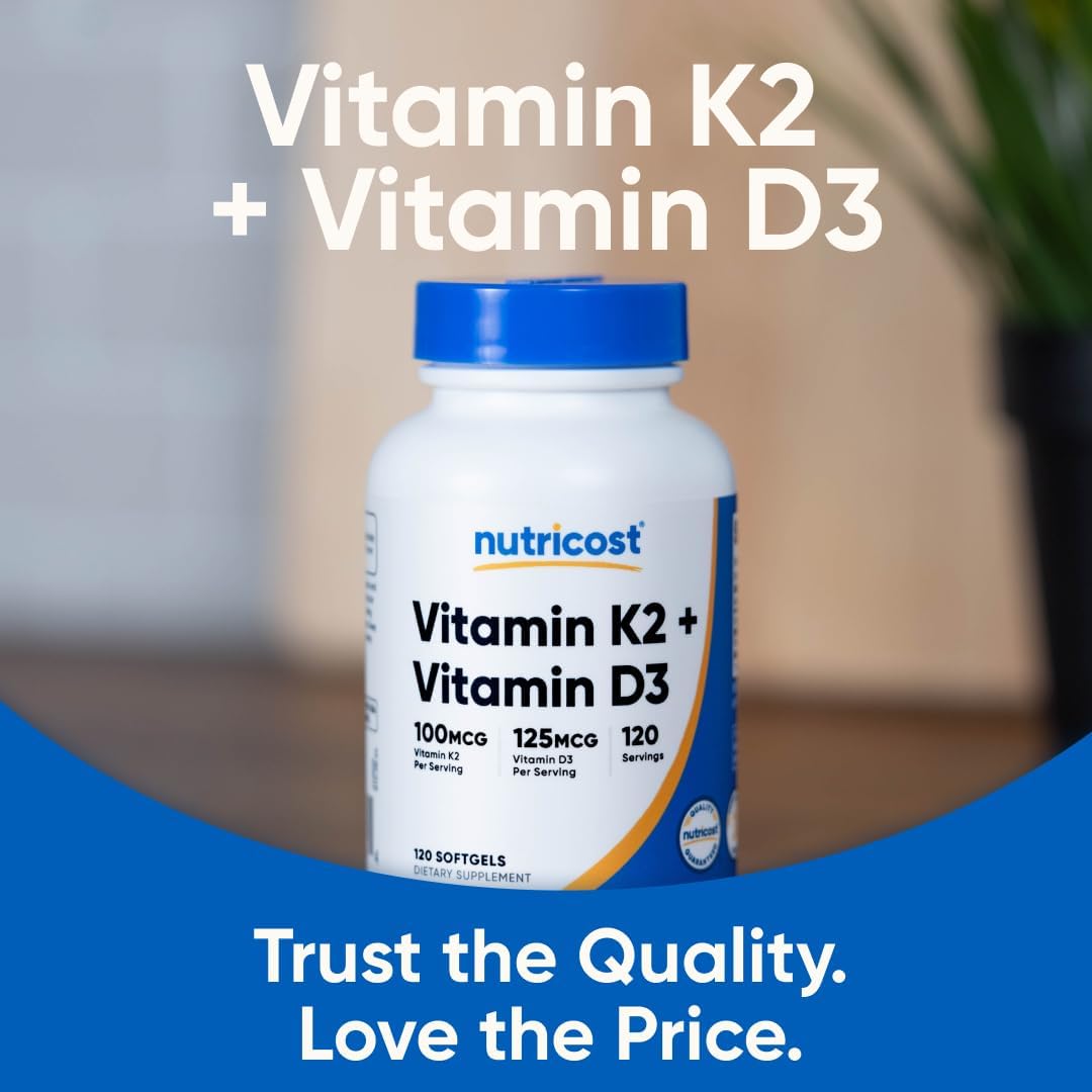 Nutricost Vitamin D3 + K2 (5000 IU D3 / 100mcg MK7) 120 Softgels, GMO-Free | Gluten-Free