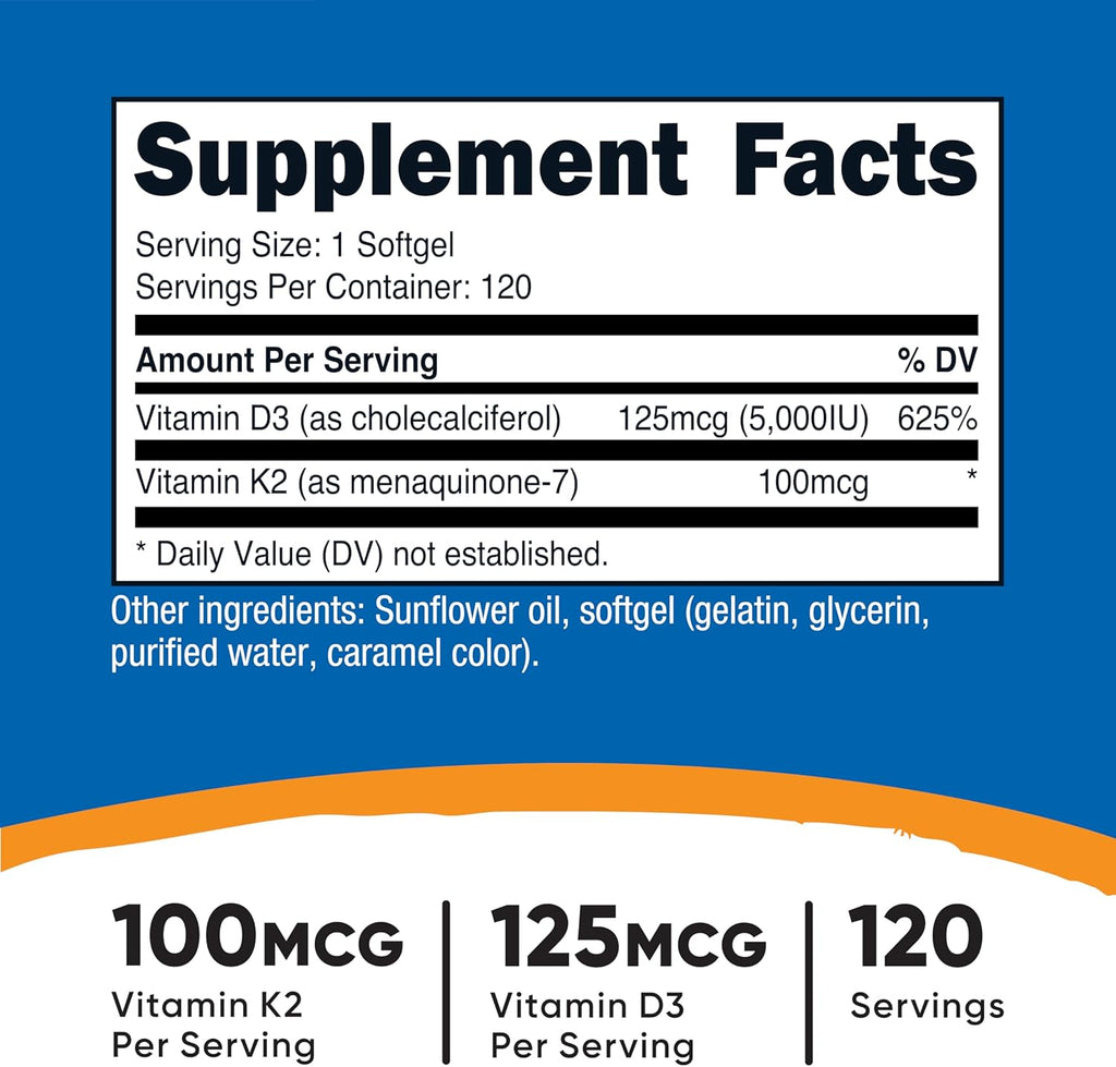 Nutricost Vitamin D3 + K2 (5000 IU D3 / 100mcg MK7) 120 Softgels, GMO-Free | Gluten-Free
