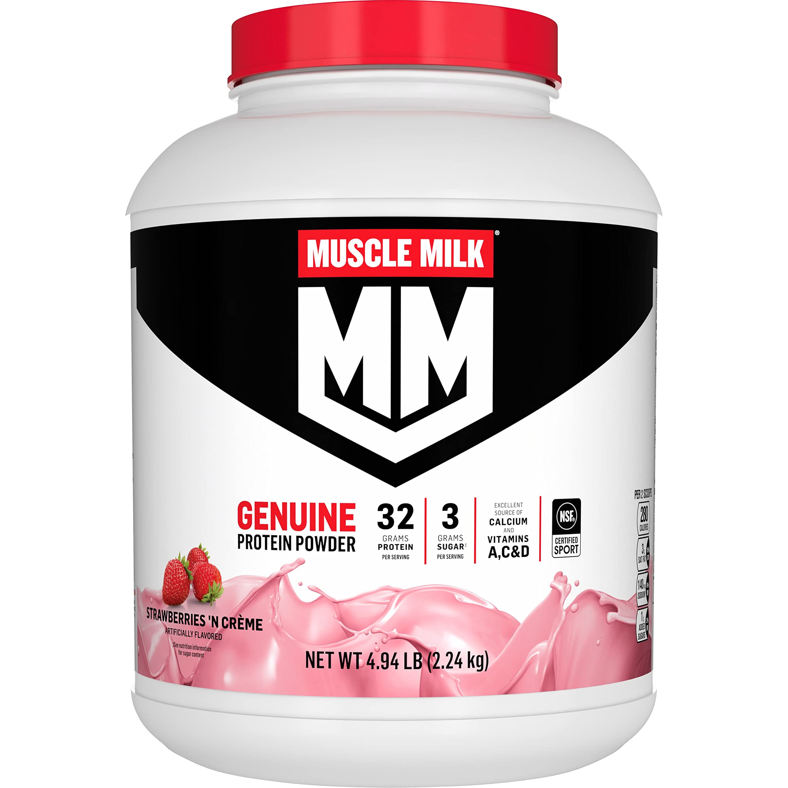 Muscle Milk Genuine Protein Powder, Vanilla Crème, 1.93 Pounds, 12 Servings, 32g Protein, 2g Sugar, Calcium, Vitamins A, C & D, NSF Certified for Sport, Energizing Snack, Packaging May Vary