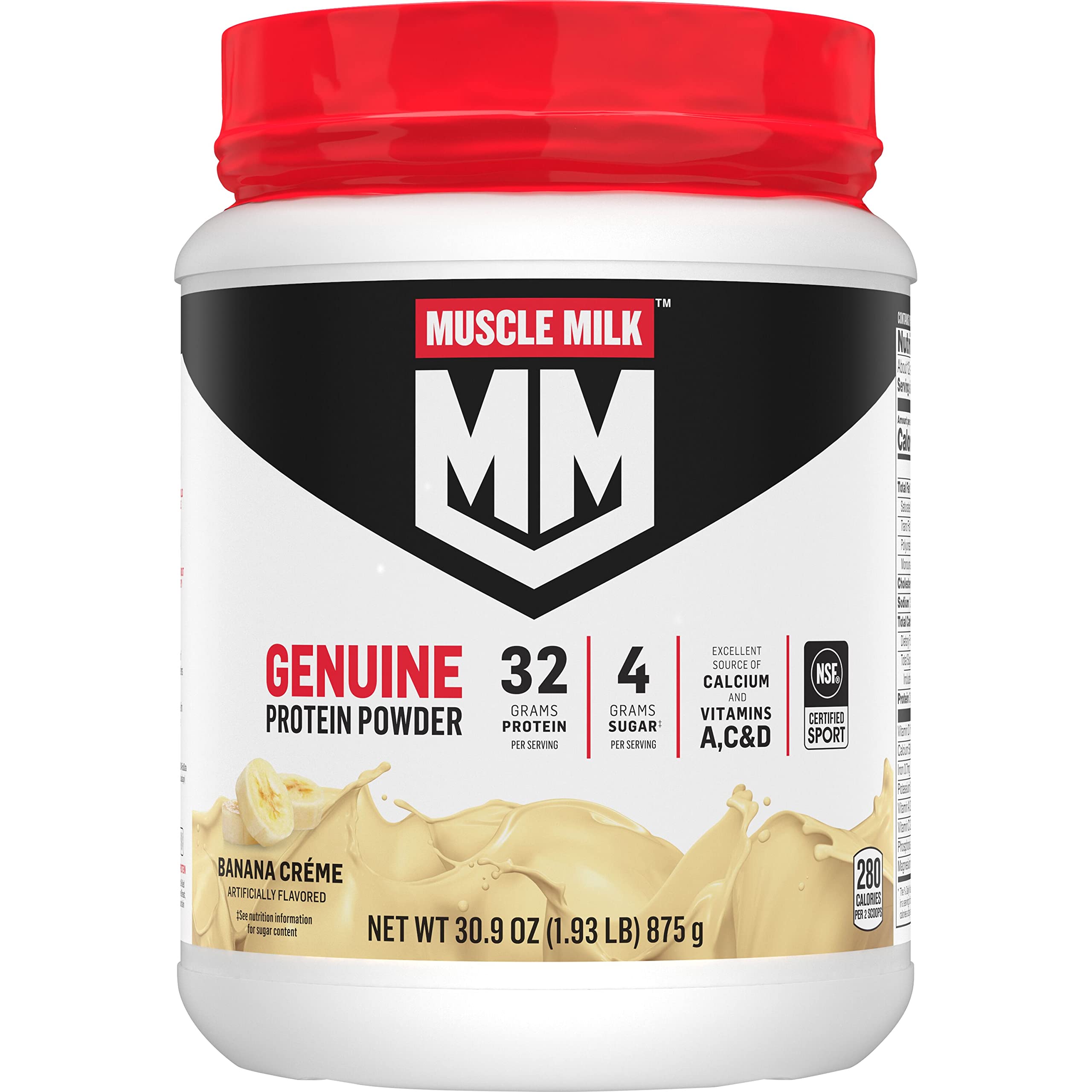 Muscle Milk Genuine Protein Powder, Vanilla Crème, 1.93 Pounds, 12 Servings, 32g Protein, 2g Sugar, Calcium, Vitamins A, C & D, NSF Certified for Sport, Energizing Snack, Packaging May Vary