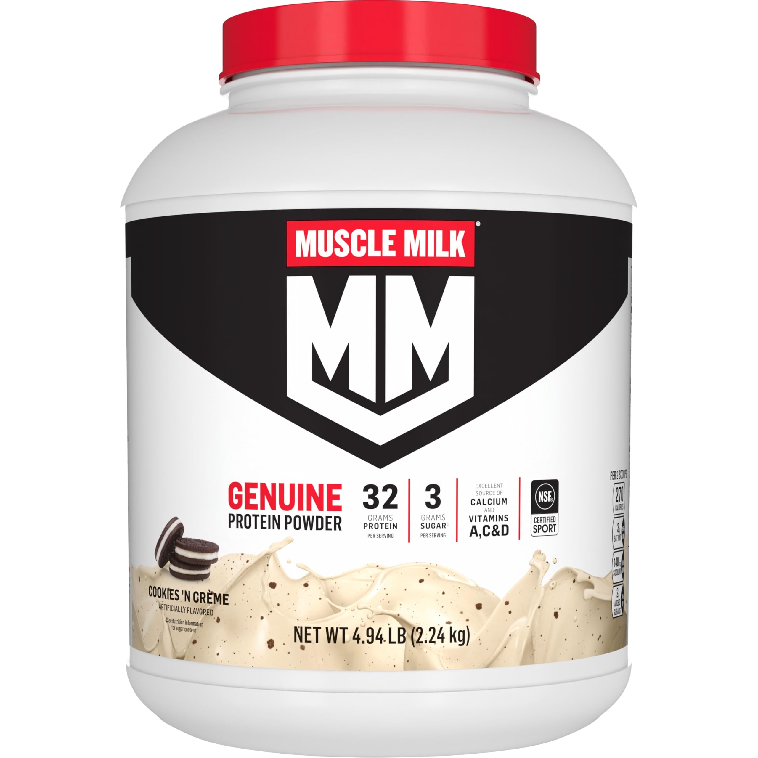 Muscle Milk Genuine Protein Powder, Vanilla Crème, 1.93 Pounds, 12 Servings, 32g Protein, 2g Sugar, Calcium, Vitamins A, C & D, NSF Certified for Sport, Energizing Snack, Packaging May Vary