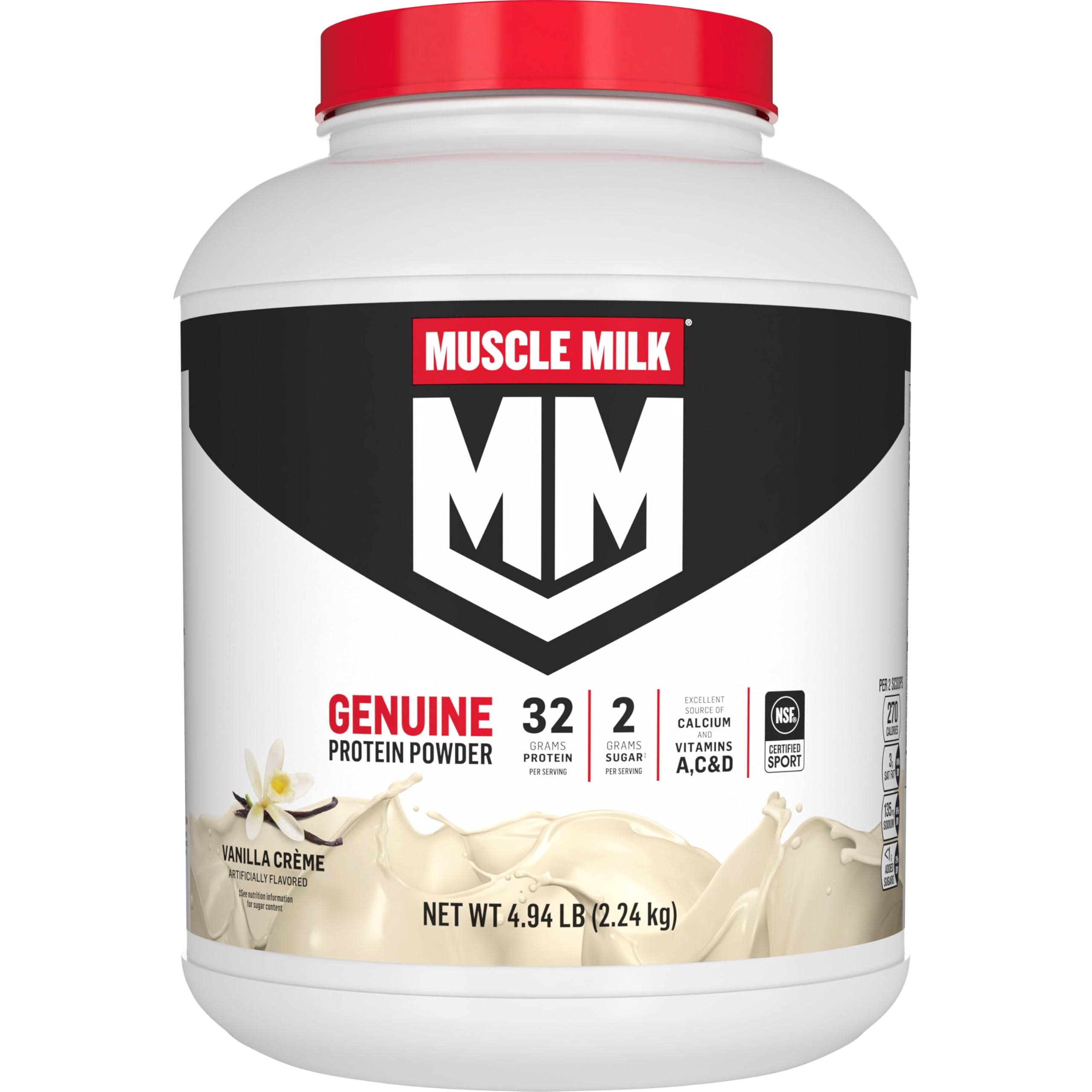 Muscle Milk Genuine Protein Powder, Vanilla Crème, 1.93 Pounds, 12 Servings, 32g Protein, 2g Sugar, Calcium, Vitamins A, C & D, NSF Certified for Sport, Energizing Snack, Packaging May Vary