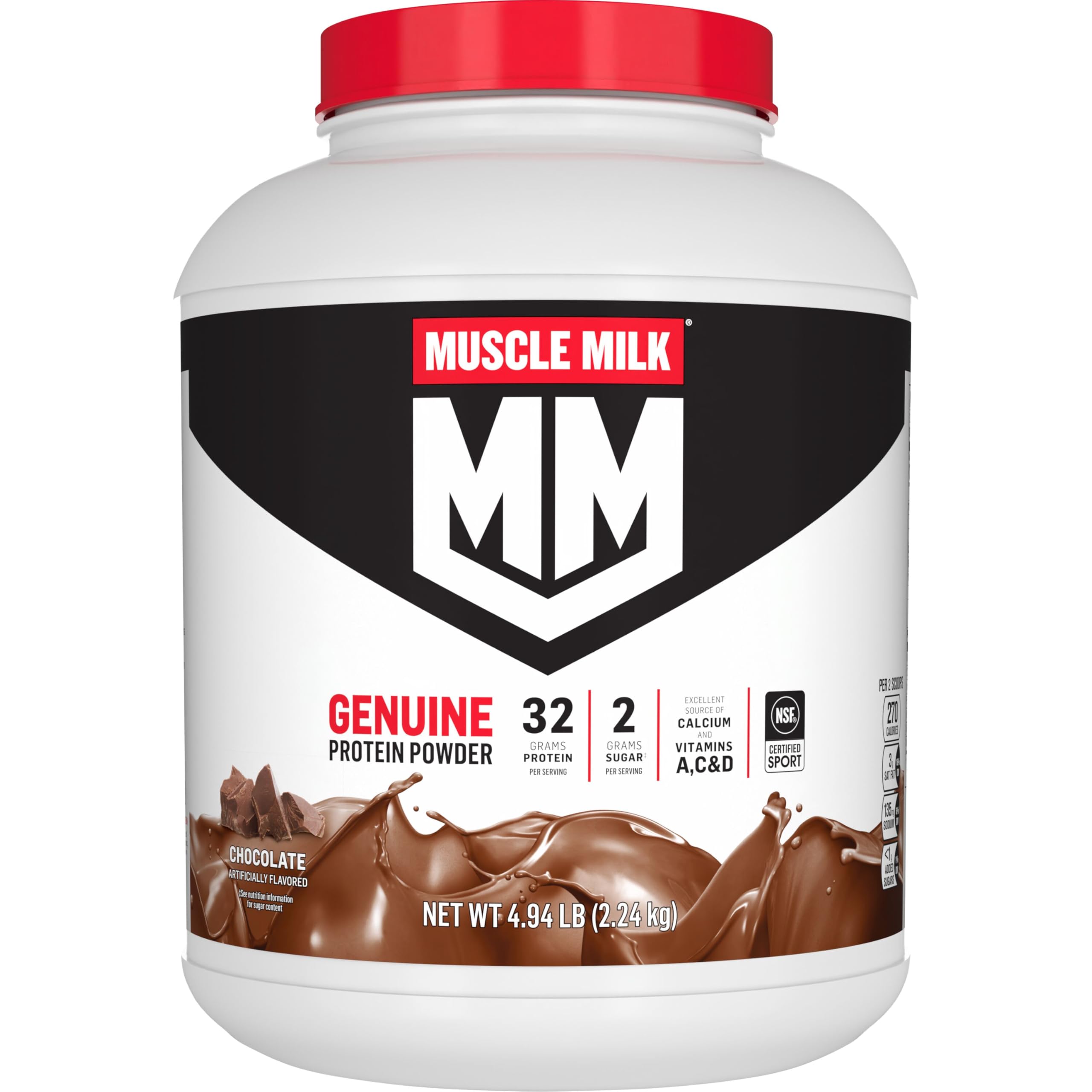Muscle Milk Genuine Protein Powder, Vanilla Crème, 1.93 Pounds, 12 Servings, 32g Protein, 2g Sugar, Calcium, Vitamins A, C & D, NSF Certified for Sport, Energizing Snack, Packaging May Vary