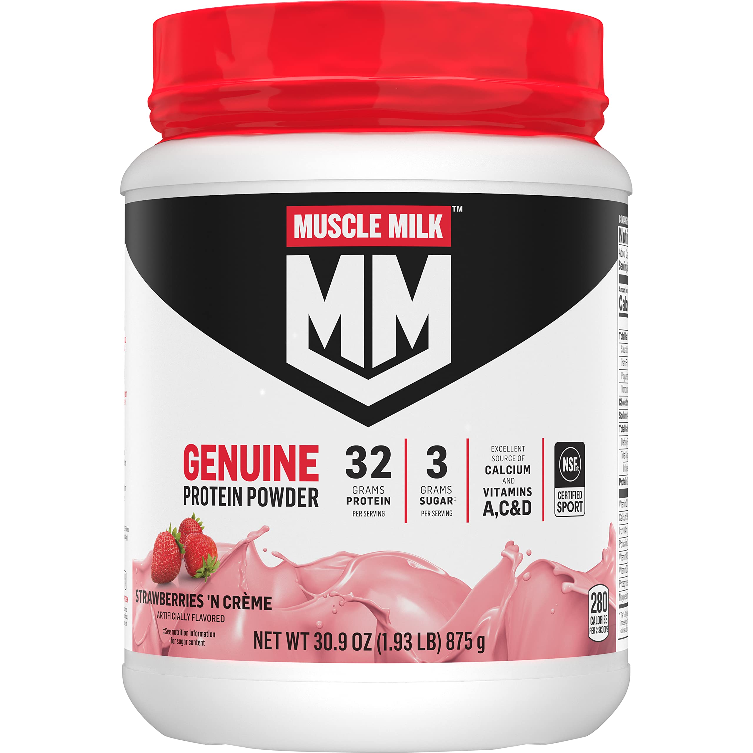 Muscle Milk Genuine Protein Powder, Vanilla Crème, 1.93 Pounds, 12 Servings, 32g Protein, 2g Sugar, Calcium, Vitamins A, C & D, NSF Certified for Sport, Energizing Snack, Packaging May Vary