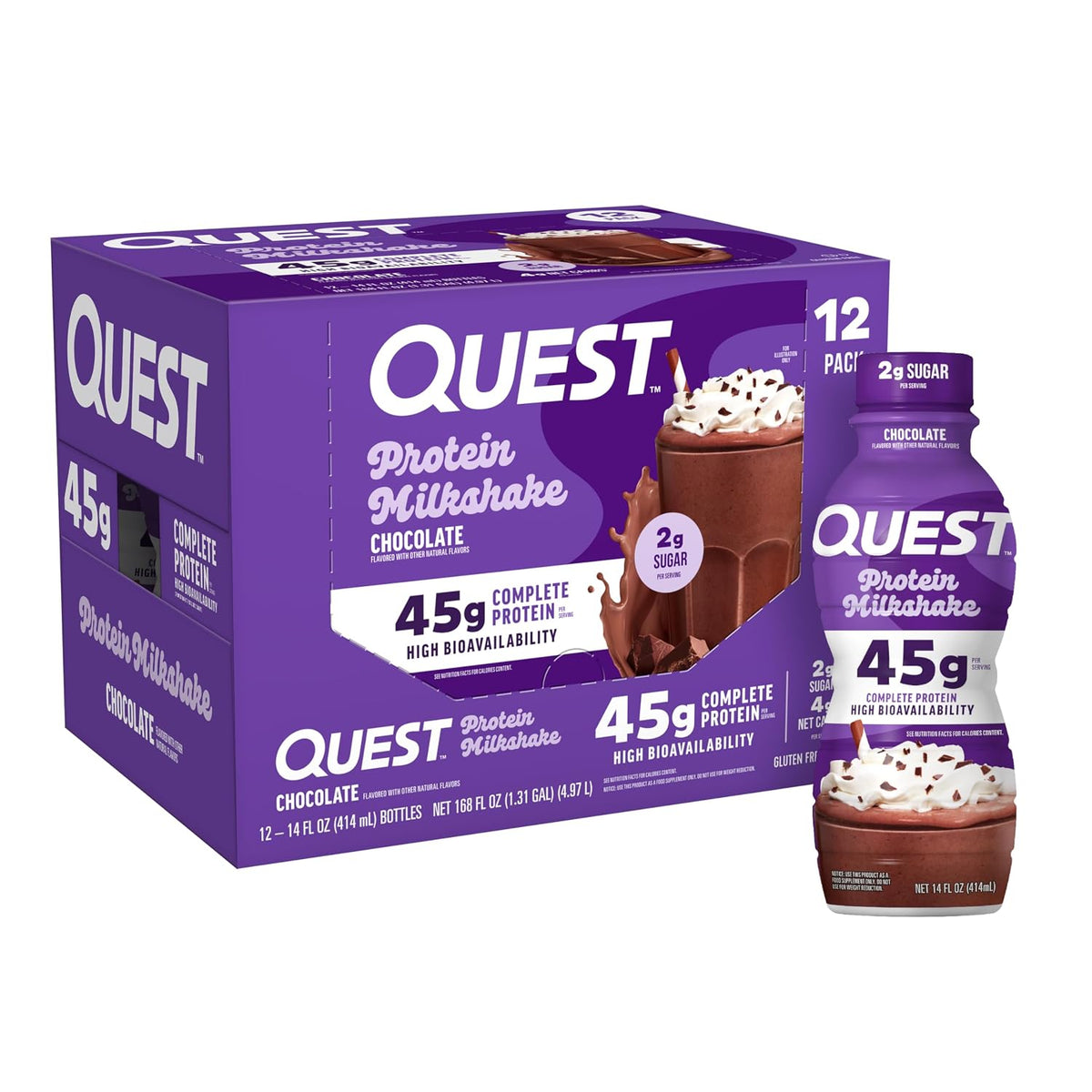Quest Nutrition Chocolate Protein Shake, 45g Protein, 2g Sugar, 4g Net Carbs, Ready to Drink, Gluten Free, 12 Count