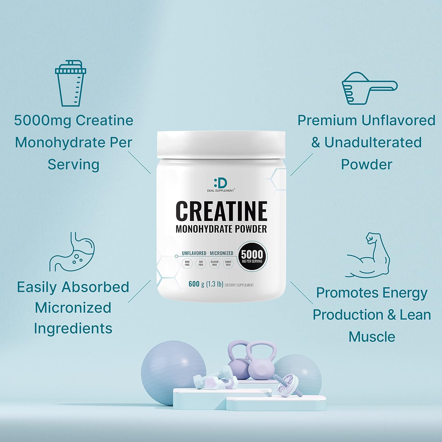Micronized Creatine Monohydrate, 120 Servings, 5g Per Serving (600g/1.3lb) | Fast Absorbing & Unflavored | Supports Strength, Power & High-Intensity Training* | Vegan, Keto, Non-GMO
