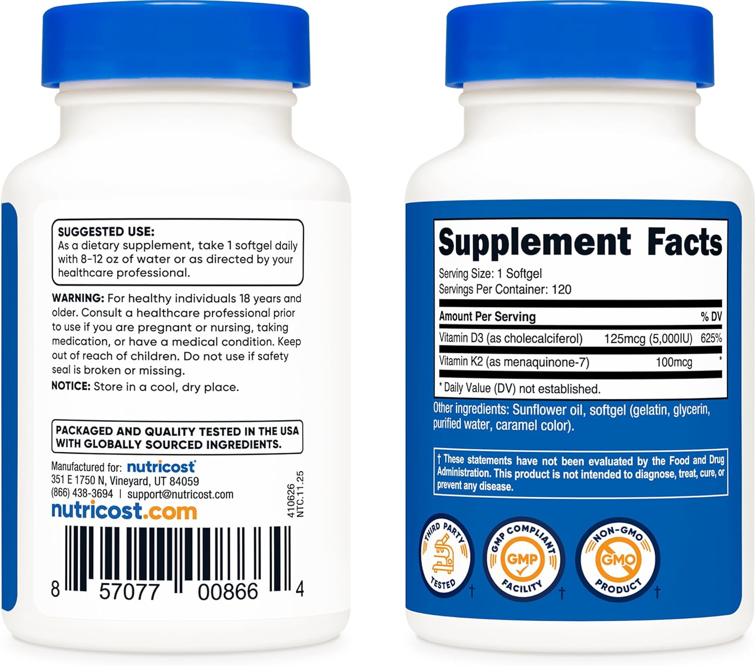 Nutricost Vitamin D3 + K2 (5000 IU D3 / 100mcg MK7) 120 Softgels, GMO-Free | Gluten-Free